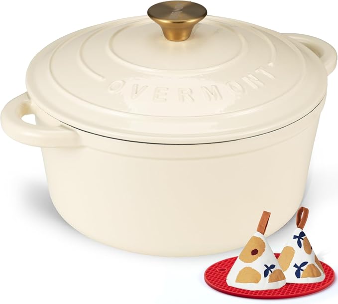Overmont Enameled Cast Iron Dutch Oven - 4.5QT Pot with Lid Cookbook & Cotton Potholders - Heavy-Duty Cookware for Braising, Stews, Roasting, Sourdough Baking grey