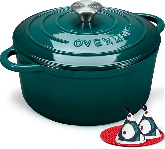 Overmont Enameled Cast Iron Dutch Oven - 4.5QT Pot with Lid Cookbook & Cotton Potholders - Heavy-Duty Cookware for Braising, Stews, Roasting, Sourdough Baking grey