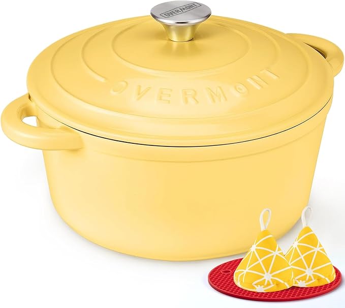 Overmont Enameled Cast Iron Dutch Oven - 4.5QT Pot with Lid Cookbook & Cotton Potholders - Heavy-Duty Cookware for Braising, Stews, Roasting, Sourdough Baking grey