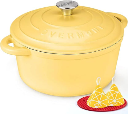 Overmont Enameled Cast Iron Dutch Oven - 4.5QT Pot with Lid Cookbook & Cotton Potholders - Heavy-Duty Cookware for Braising, Stews, Roasting, Sourdough Baking grey