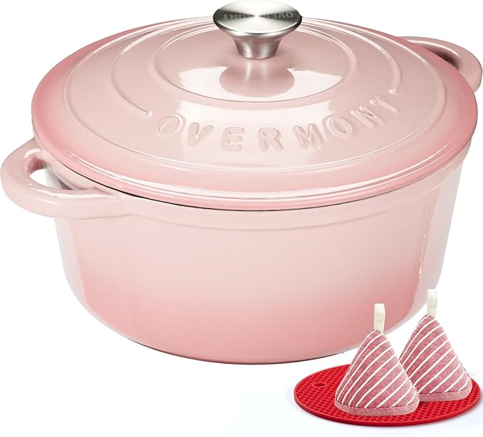 Overmont Enameled Cast Iron Dutch Oven - 4.5QT Pot with Lid Cookbook & Cotton Potholders - Heavy-Duty Cookware for Braising, Stews, Roasting, Sourdough Baking grey