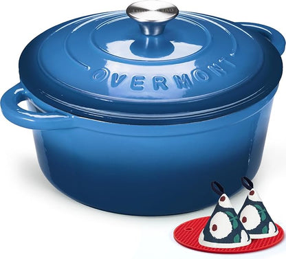 Overmont Enameled Cast Iron Dutch Oven - 4.5QT Pot with Lid Cookbook & Cotton Potholders - Heavy-Duty Cookware for Braising, Stews, Roasting, Sourdough Baking grey