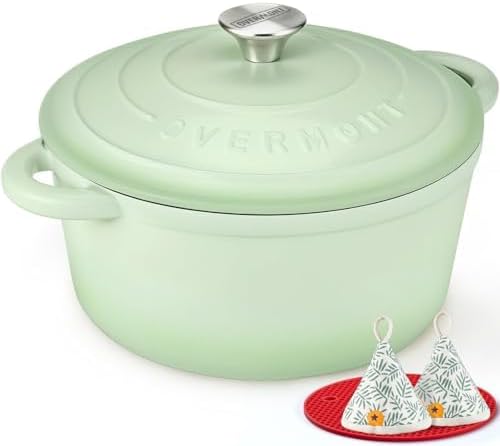 Overmont Enameled Cast Iron Dutch Oven - 4.5QT Pot with Lid Cookbook & Cotton Potholders - Heavy-Duty Cookware for Braising, Stews, Roasting, Sourdough Baking grey