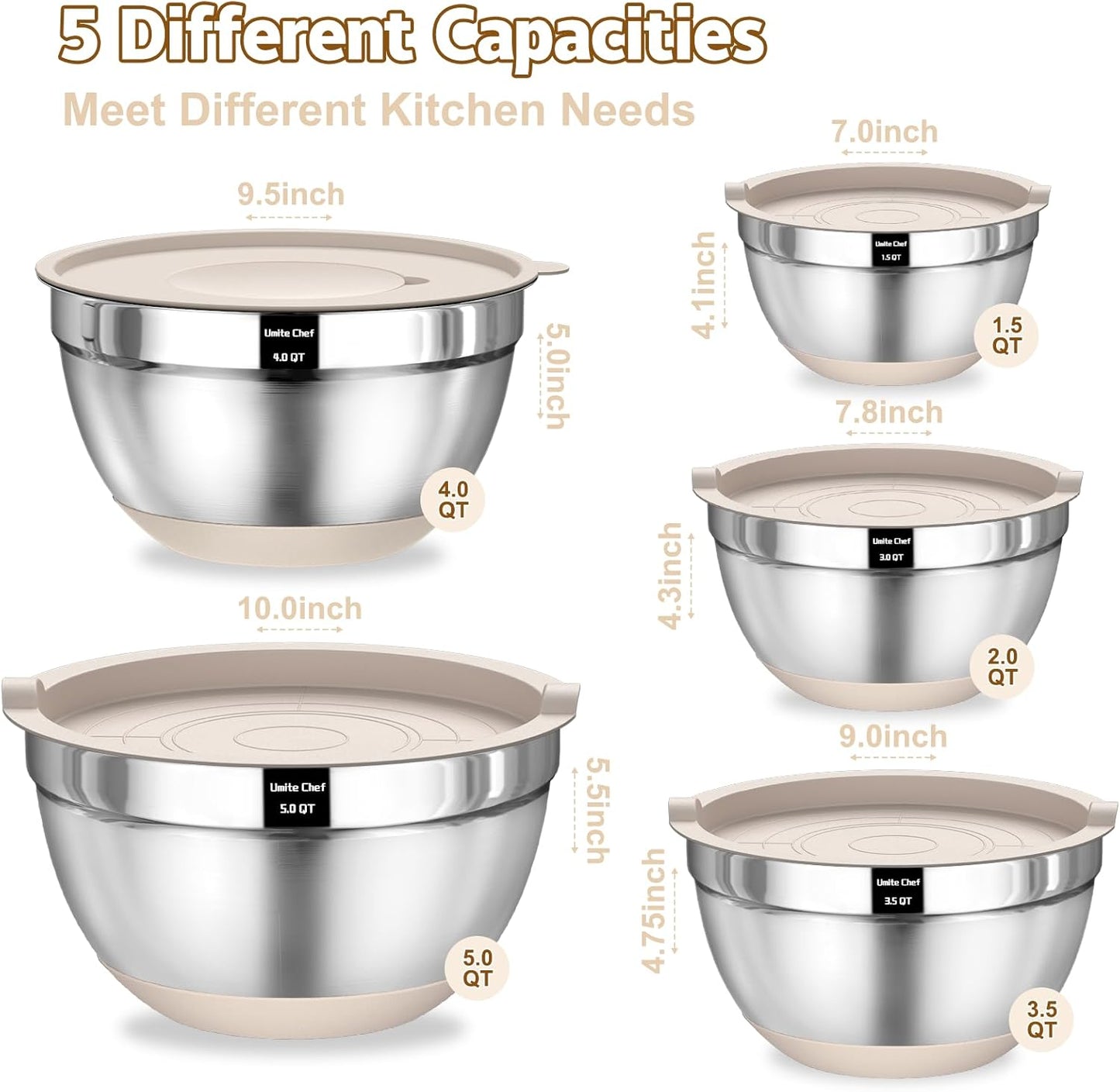 Umite Chef Mixing Bowls with Airtight Lids Set, 8PCS Stainless Steel Nesting Bowls Set, 3 Grater Attachments & Non-Slip Bottoms, Size 5, 4, 3.5, 2, 1.5QT for Baking & Mixing(Colorful)