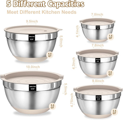 Umite Chef Mixing Bowls with Airtight Lids Set, 8PCS Stainless Steel Nesting Bowls Set, 3 Grater Attachments & Non-Slip Bottoms, Size 5, 4, 3.5, 2, 1.5QT for Baking & Mixing(Colorful)
