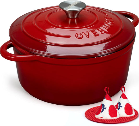 Overmont Enameled Cast Iron Dutch Oven - 4.5QT Pot with Lid Cookbook & Cotton Potholders - Heavy-Duty Cookware for Braising, Stews, Roasting, Sourdough Baking grey