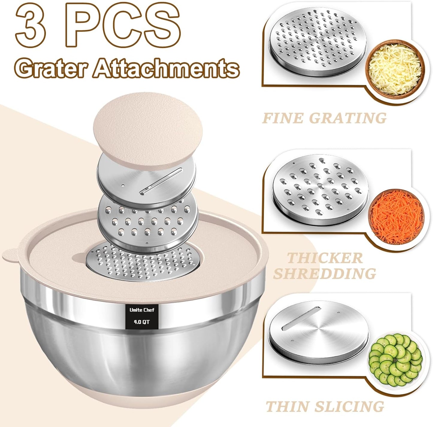 Umite Chef Mixing Bowls with Airtight Lids Set, 8PCS Stainless Steel Nesting Bowls Set, 3 Grater Attachments & Non-Slip Bottoms, Size 5, 4, 3.5, 2, 1.5QT for Baking & Mixing(Colorful)