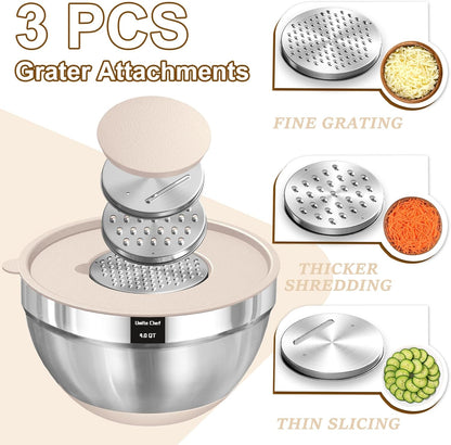 Umite Chef Mixing Bowls with Airtight Lids Set, 8PCS Stainless Steel Nesting Bowls Set, 3 Grater Attachments & Non-Slip Bottoms, Size 5, 4, 3.5, 2, 1.5QT for Baking & Mixing(Colorful)