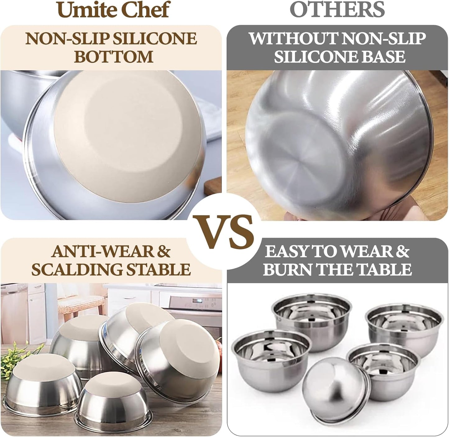 Umite Chef Mixing Bowls with Airtight Lids Set, 8PCS Stainless Steel Nesting Bowls Set, 3 Grater Attachments & Non-Slip Bottoms, Size 5, 4, 3.5, 2, 1.5QT for Baking & Mixing(Colorful)