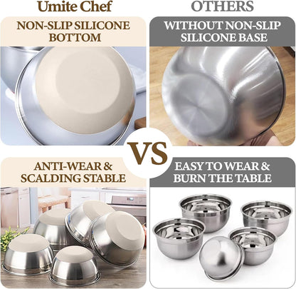 Umite Chef Mixing Bowls with Airtight Lids Set, 8PCS Stainless Steel Nesting Bowls Set, 3 Grater Attachments & Non-Slip Bottoms, Size 5, 4, 3.5, 2, 1.5QT for Baking & Mixing(Colorful)