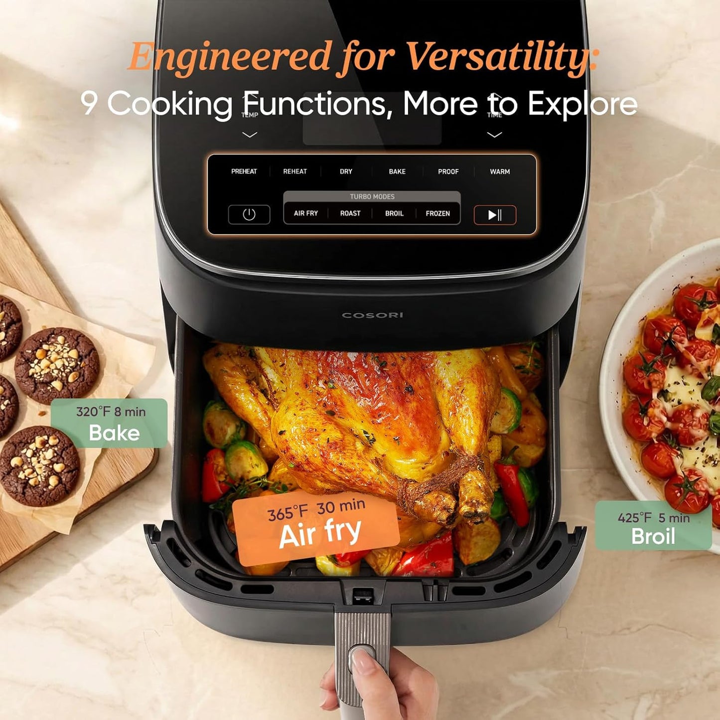 Cosori 9-in-1 TurboBlaze Air Fryer 6 Qt, Smart Control, 90°–450°F, Shake Reminders, Precise Heating for Even Results, Air Fry, Roast, Bake, Broil, Dry, Frozen, Proof, Reheat, Keep Warm, 120V, Cream