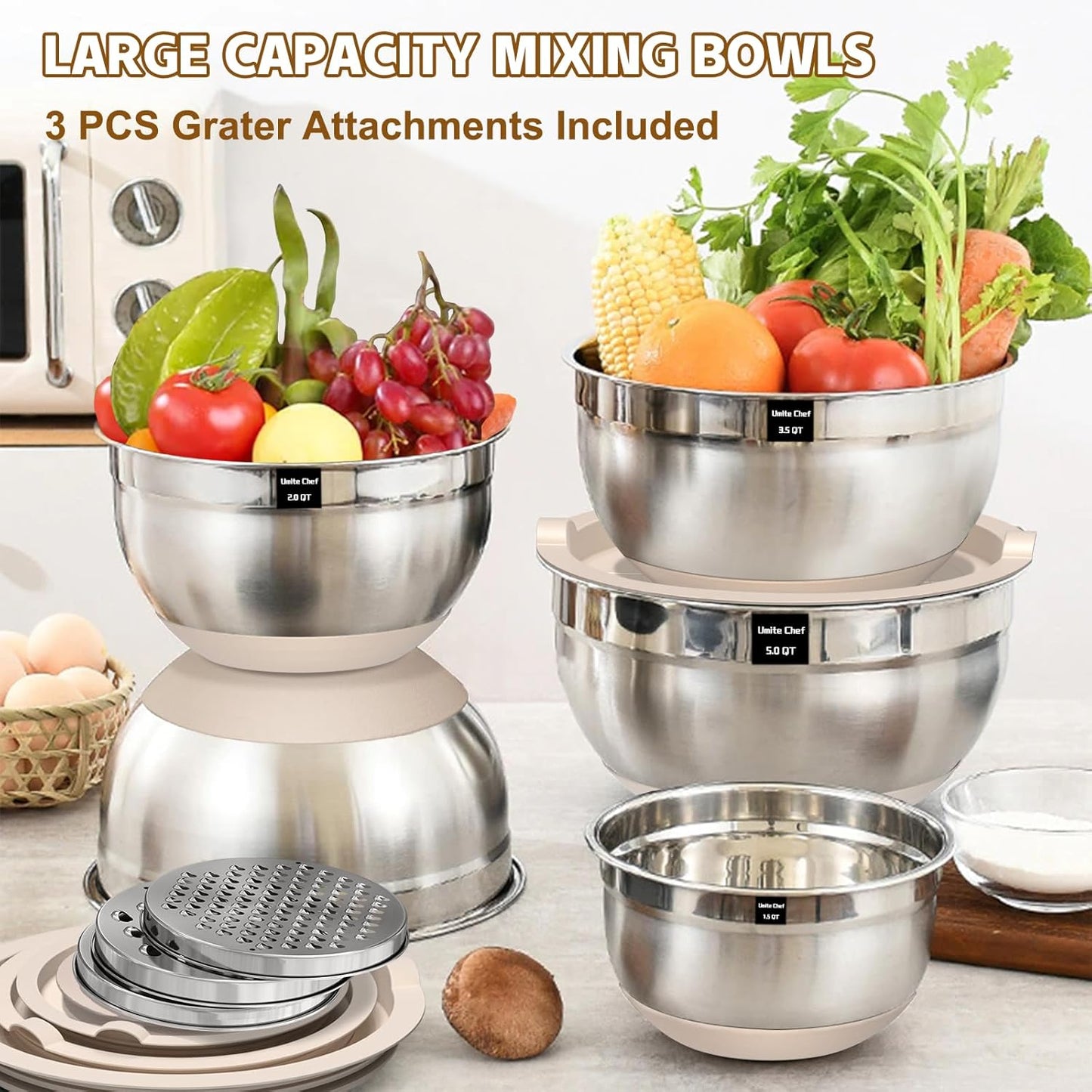 Umite Chef Mixing Bowls with Airtight Lids Set, 8PCS Stainless Steel Nesting Bowls Set, 3 Grater Attachments & Non-Slip Bottoms, Size 5, 4, 3.5, 2, 1.5QT for Baking & Mixing(Colorful)