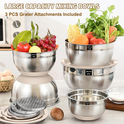 Umite Chef Mixing Bowls with Airtight Lids Set, 8PCS Stainless Steel Nesting Bowls Set, 3 Grater Attachments & Non-Slip Bottoms, Size 5, 4, 3.5, 2, 1.5QT for Baking & Mixing(Colorful)