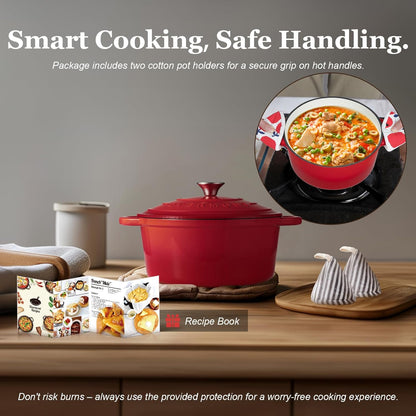 Overmont Enameled Cast Iron Dutch Oven - 4.5QT Pot with Lid Cookbook & Cotton Potholders - Heavy-Duty Cookware for Braising, Stews, Roasting, Sourdough Baking grey