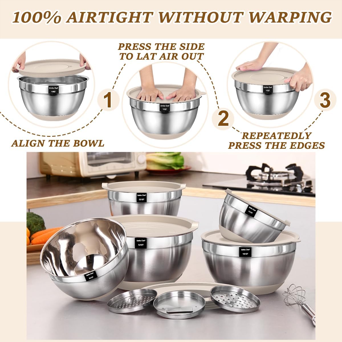 Umite Chef Mixing Bowls with Airtight Lids Set, 8PCS Stainless Steel Nesting Bowls Set, 3 Grater Attachments & Non-Slip Bottoms, Size 5, 4, 3.5, 2, 1.5QT for Baking & Mixing(Colorful)
