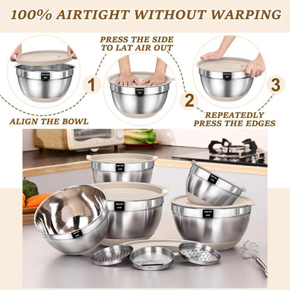 Umite Chef Mixing Bowls with Airtight Lids Set, 8PCS Stainless Steel Nesting Bowls Set, 3 Grater Attachments & Non-Slip Bottoms, Size 5, 4, 3.5, 2, 1.5QT for Baking & Mixing(Colorful)
