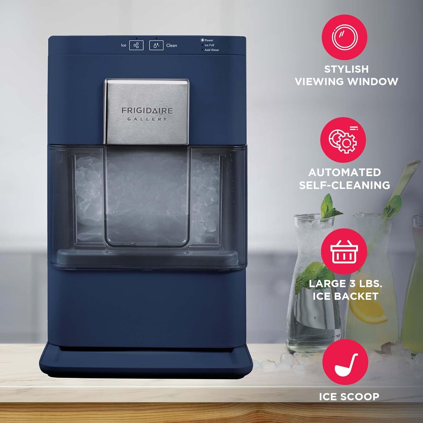 FRIGIDAIRE Gallery EFIC255 Countertop Crunchy Chewable Nugget Ice Maker, 44lbs per Day, Auto Self Cleaning, 2.0 Gen, Navy