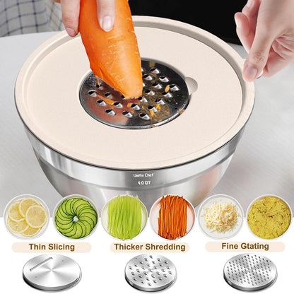 Umite Chef Mixing Bowls with Airtight Lids Set, 8PCS Stainless Steel Nesting Bowls Set, 3 Grater Attachments & Non-Slip Bottoms, Size 5, 4, 3.5, 2, 1.5QT for Baking & Mixing(Colorful)