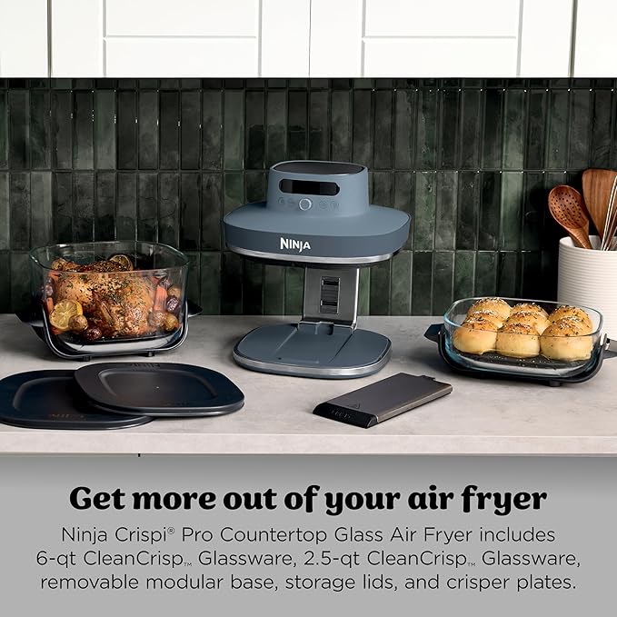Ninja Crispi Pro 6-in-1 Glass Air Fryer | 450°F, Nontoxic, 6qt & 2.5qt Containers & Lids | Microwave, Freezer, Dishwasher Safe | Max Crisp, Air Fry, Bake, Roast, Recrisp, Dehydrate | Bone | AS101LG