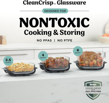 Ninja Crispi Pro 6-in-1 Glass Air Fryer | 450°F, Nontoxic, 6qt & 2.5qt Containers & Lids | Microwave, Freezer, Dishwasher Safe | Max Crisp, Air Fry, Bake, Roast, Recrisp, Dehydrate | Bone | AS101LG
