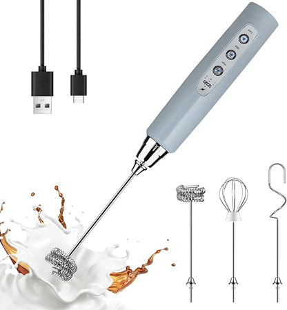 YUSWKO Black Handheld Milk Frother Wand for Coffee, Rechargeable Electric Whisk with 3 Heads 3 Speeds Drink Mixer Coffee Frother For Latte, Cappuccino, Hot Chocolate, Egg