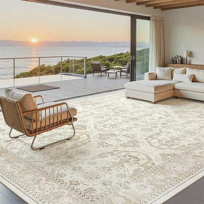 Soalmost Washable Area Rug 8x10, Large Soft Rugs for Living Room Vintage Beige Carpet 8x10 Area Rugs for Bedroom Dining Room Non-Slip Stain Resistant Under Table Rug