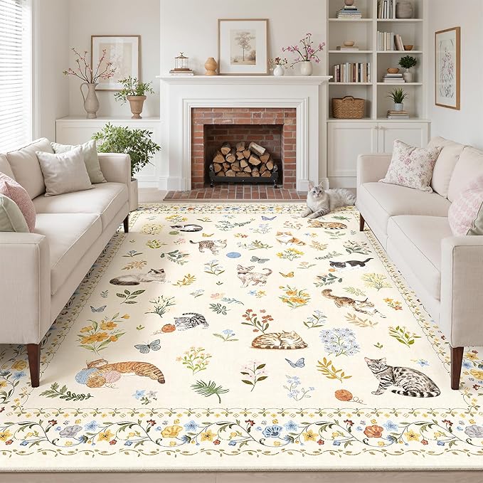Soalmost Washable Area Rug 8x10, Large Soft Rugs for Living Room Vintage Beige Carpet 8x10 Area Rugs for Bedroom Dining Room Non-Slip Stain Resistant Under Table Rug