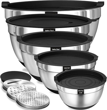 Umite Chef Mixing Bowls with Airtight Lids Set, 8PCS Stainless Steel Nesting Bowls Set, 3 Grater Attachments & Non-Slip Bottoms, Size 5, 4, 3.5, 2, 1.5QT for Baking & Mixing(Colorful)