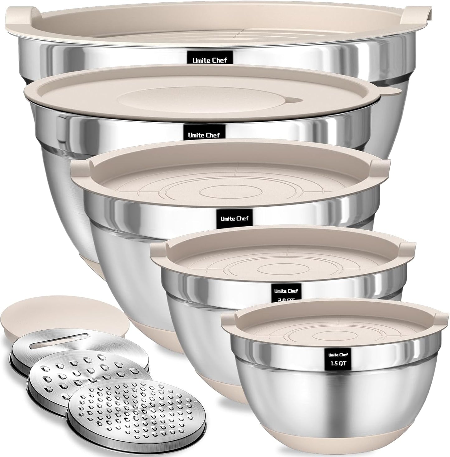 Umite Chef Mixing Bowls with Airtight Lids Set, 8PCS Stainless Steel Nesting Bowls Set, 3 Grater Attachments & Non-Slip Bottoms, Size 5, 4, 3.5, 2, 1.5QT for Baking & Mixing(Colorful)
