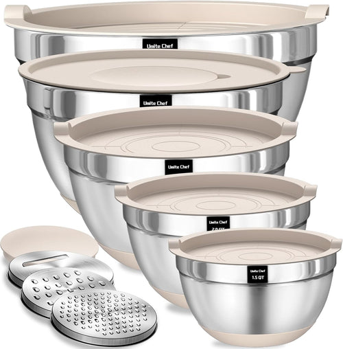 Umite Chef Mixing Bowls with Airtight Lids Set, 8PCS Stainless Steel Nesting Bowls Set, 3 Grater Attachments & Non-Slip Bottoms, Size 5, 4, 3.5, 2, 1.5QT for Baking & Mixing(Colorful)