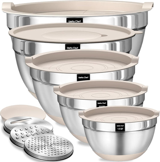 Umite Chef Mixing Bowls with Airtight Lids Set, 8PCS Stainless Steel Nesting Bowls Set, 3 Grater Attachments & Non-Slip Bottoms, Size 5, 4, 3.5, 2, 1.5QT for Baking & Mixing(Colorful)