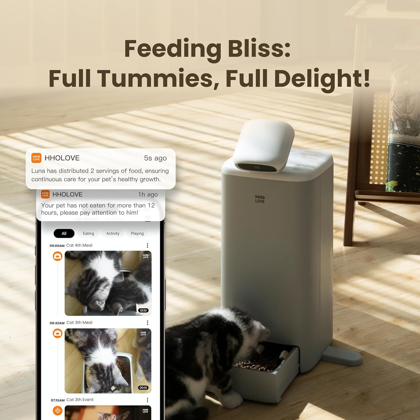 HHOLOVE Automatic Cat Feeder with Camera 360°, 2K HD Video with Night Vision & 2-Way Audio, 5G Cat Food Dispenser with Low Food Sensor, Record Lovely Moments, O Sitter VIP Version
