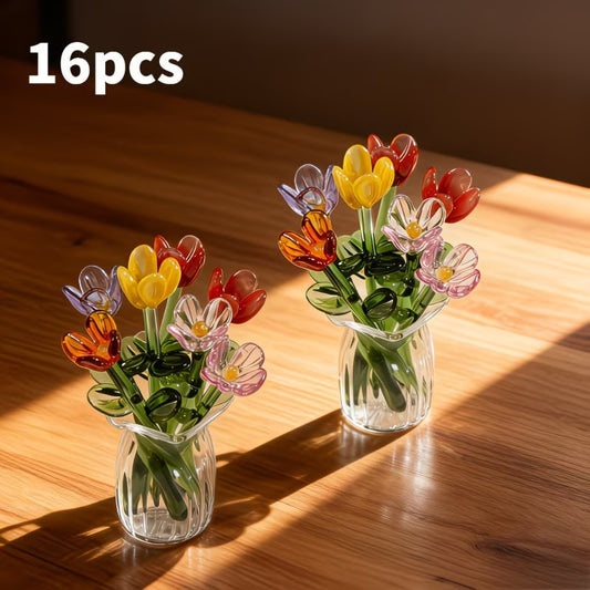 16pcs Handmade Mini Crystal Glass Flower Figurines - Pink Tulip Bouquets in Transparent Vases, Wedding Table Centerpieces, Photography Props, Suitable for Crafts, Decorations, Gift for, Table Settings, Glass Tulips