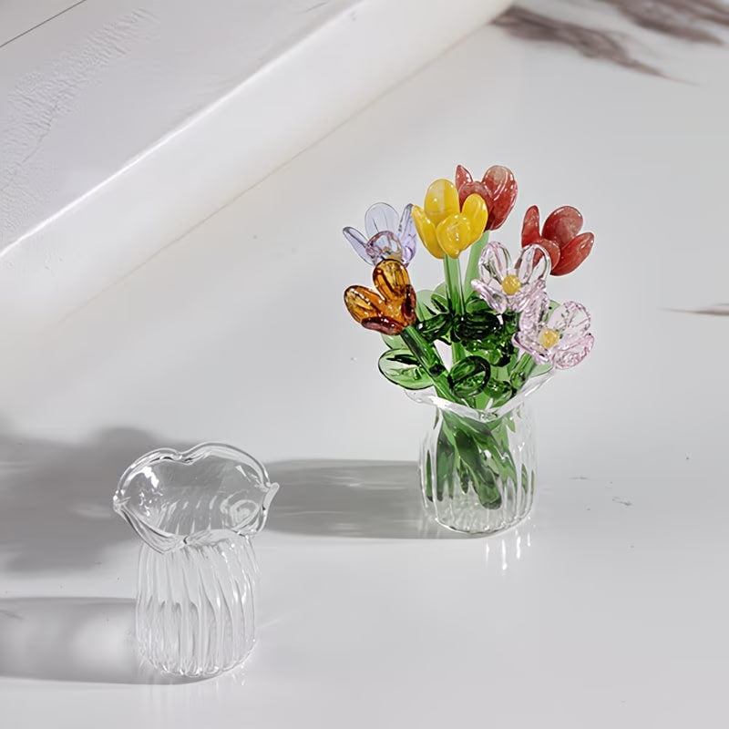 16pcs Handmade Mini Crystal Glass Flower Figurines - Pink Tulip Bouquets in Transparent Vases, Wedding Table Centerpieces, Photography Props, Suitable for Crafts, Decorations, Gift for, Table Settings, Glass Tulips