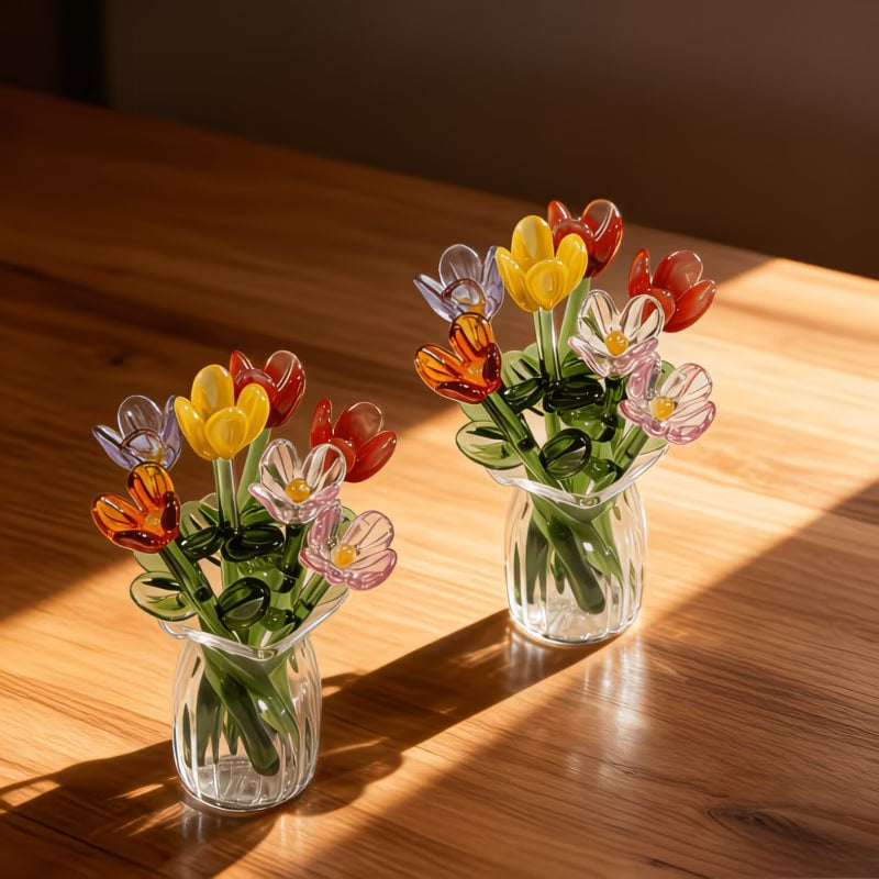16pcs Handmade Mini Crystal Glass Flower Figurines - Pink Tulip Bouquets in Transparent Vases, Wedding Table Centerpieces, Photography Props, Suitable for Crafts, Decorations, Gift for, Table Settings, Glass Tulips
