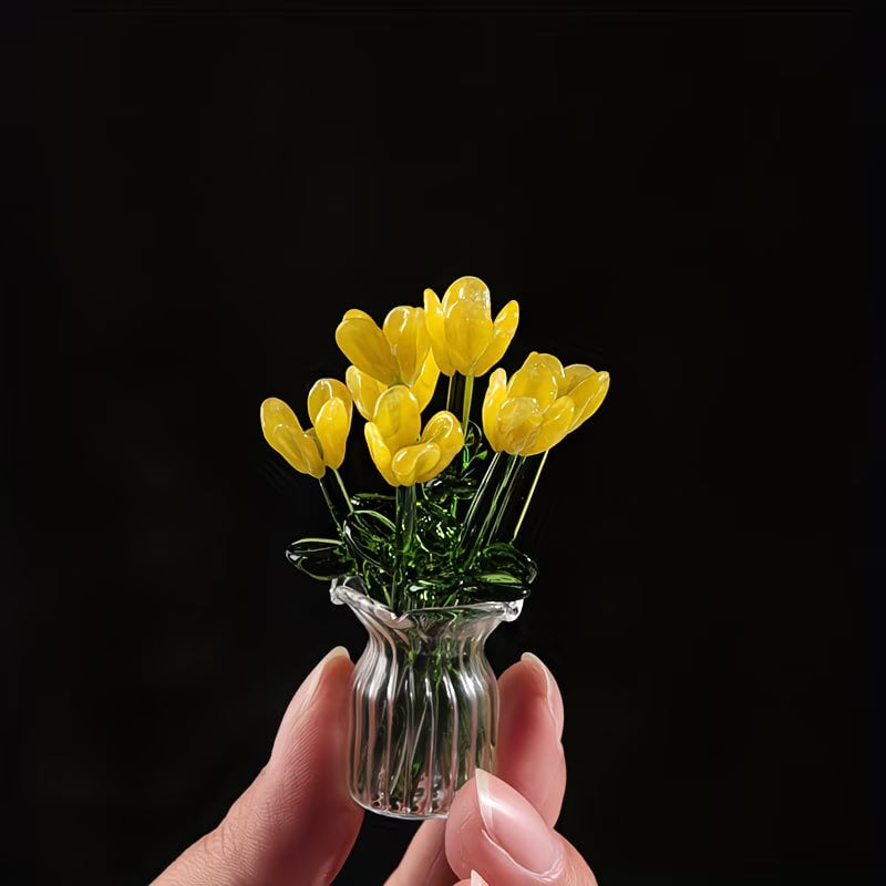 16pcs Handmade Mini Crystal Glass Flower Figurines - Pink Tulip Bouquets in Transparent Vases, Wedding Table Centerpieces, Photography Props, Suitable for Crafts, Decorations, Gift for, Table Settings, Glass Tulips